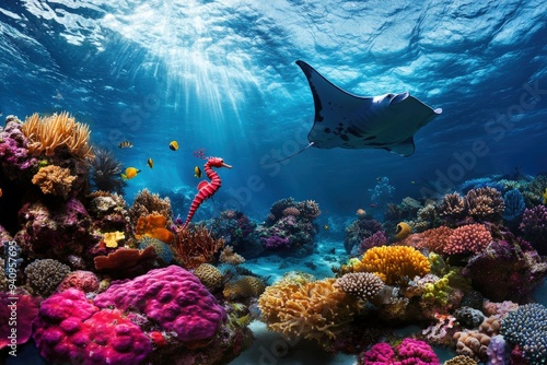 A vivid scene of a red seahorse and a manta ray swimming among a lush coral reef with various colorful marine species, highlighting the beauty and diversity of ocean life.
