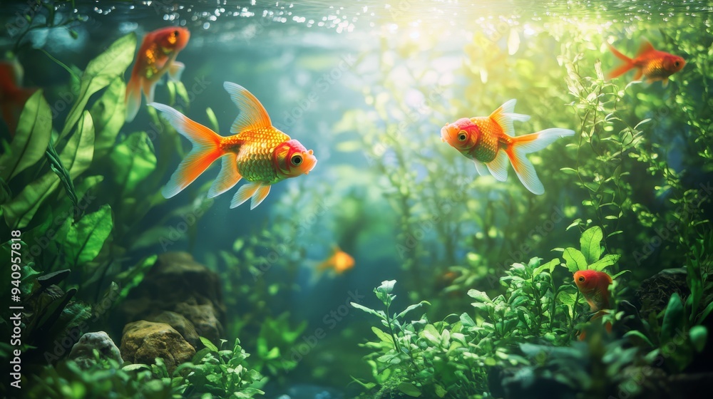 A beautiful fish tank aquarium with lush green plants and orange goldfish swimming among the water plants. A beautiful fish tank aquarium with lush green plants and orange goldfish swimming among the water plants.