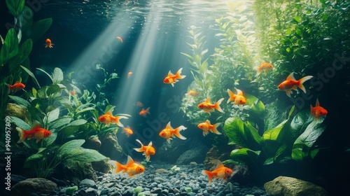 A beautiful fish tank aquarium with lush green plants and orange goldfish swimming among the water plants.