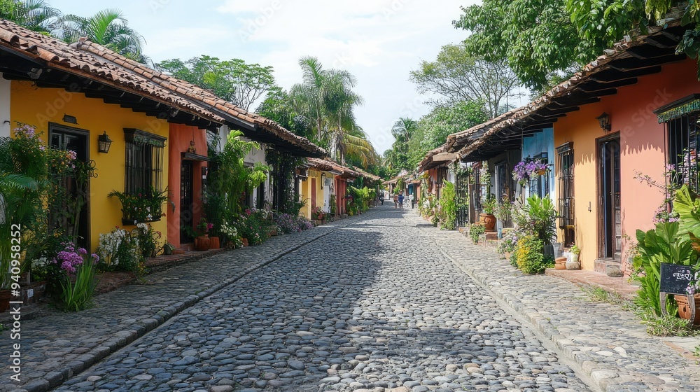 Cobblestone street in a colonial town, flanked by brightly painted houses in a lively, picturesque setting. Cobblestone street in a colonial town, flanked by brightly painted houses in a lively, picturesque setting.