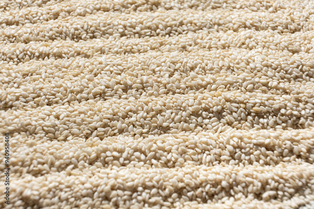 White sesame background, close-up, side view. White sesame background, close-up, side view.