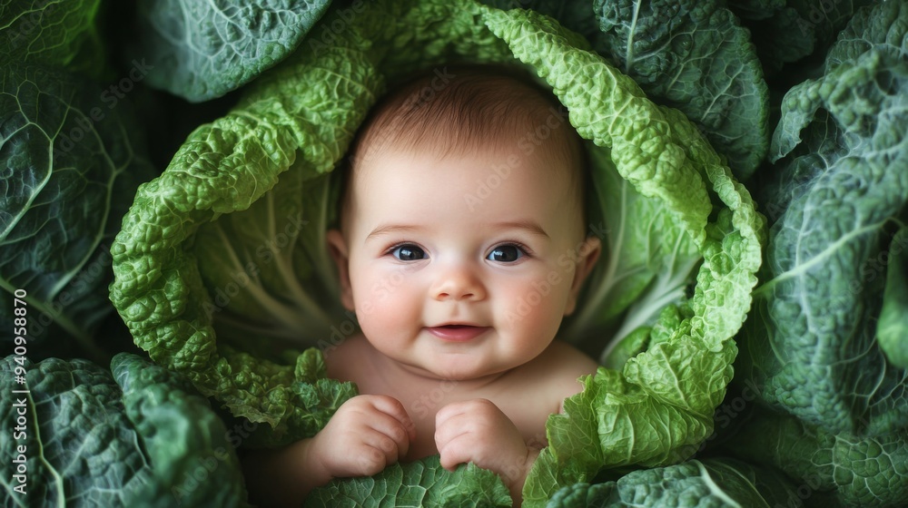 Newborn baby lying in fresh green cabbage. Cute funny child. Top view Happy childhood