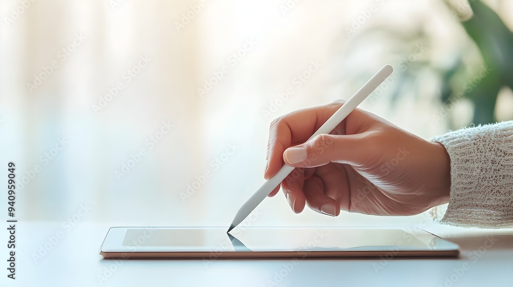 Closeup of a hand holding a stylus digital pen hovering over a blank digital tablet isolated against a light colored background with copy space on the left side Closeup of a hand holding a stylus digital pen hovering over a blank digital tablet isolated against a light colored background with copy space on the left side