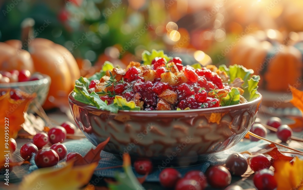Fresh fall salad with cranberries and nuts in a bowl, surrounded by a festive autumn setting with pumpkins and leaves. Fresh fall salad with cranberries and nuts in a bowl, surrounded by a festive autumn setting with pumpkins and leaves.