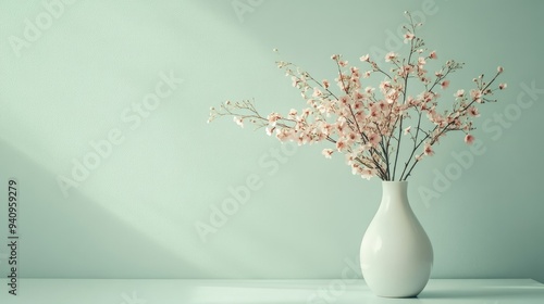 Wallpaper Mural Delicate pink flowers in a white vase placed on a table, with soft pastel green walls in the background, creating a serene and elegant scene. Torontodigital.ca