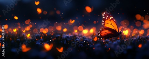 Mesmerizing butterfly rests on dew-kissed grass, surrounded by glowing bokeh lights in a magical, twilight scene.
