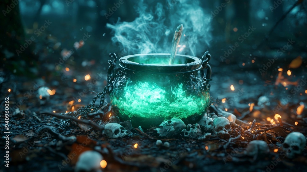Glowing Green Potion in a Witch s Cauldron with Skulls and Flames Glowing Green Potion in a Witch s Cauldron with Skulls and Flames