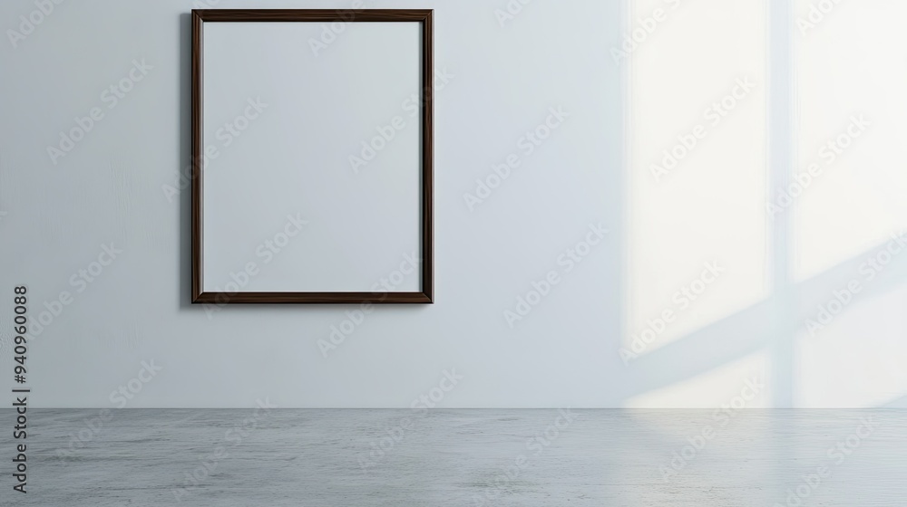 Elegant, empty photo frame on a stark white wall, creating a minimalist and modern visual focus. Elegant, empty photo frame on a stark white wall, creating a minimalist and modern visual focus.