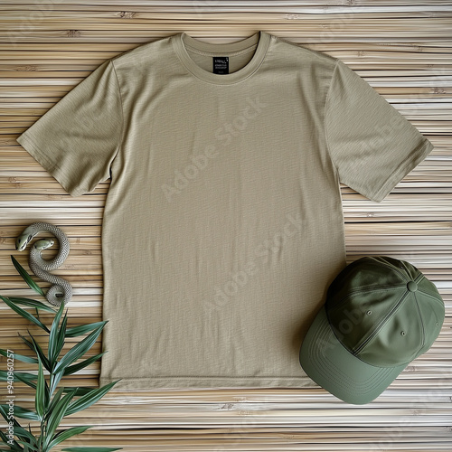 A sandy brown t-shirt mockup sits on a natural photo