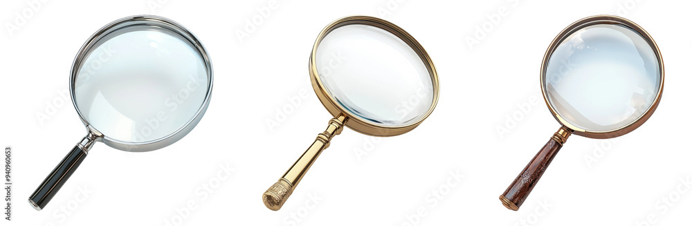 Magnifying glasses set isolated on transparent background optical instruments for close inspection Magnifying glasses set isolated on transparent background optical instruments for close inspection