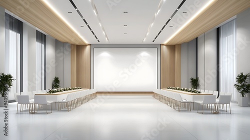 Minimalist Banquet Hall Interior Design with White Walls and Natural Wood Accents