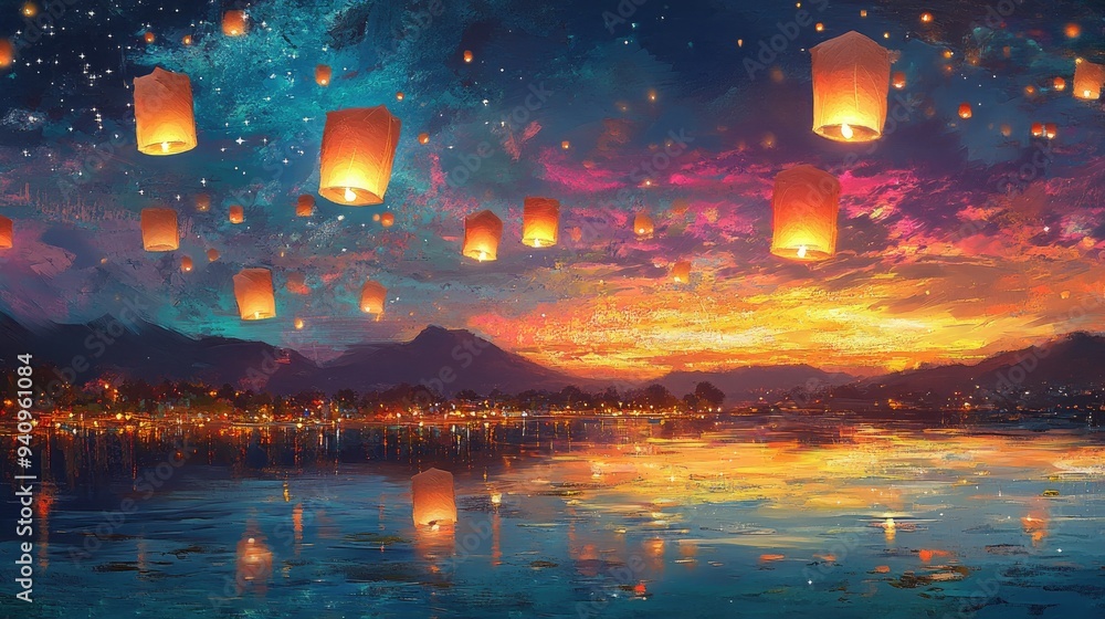 Obraz premium Floating lanterns soar through the colorful night sky of the Mid-Autumn Festival, painting a picture of peace and celebration.