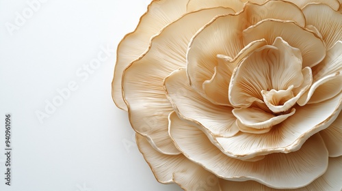 Close-up of a maitake mushroom with frilly edges and layered structure on a white background, featuring empty space for text photo