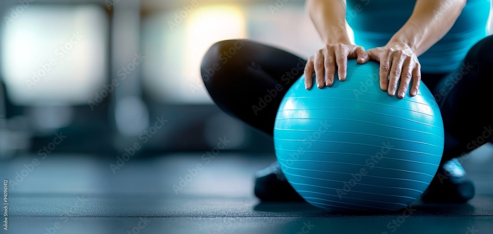 Naklejka premium Patient using an exercise ball to perform gentle stretches, Ache, Rehabilitation for ache management