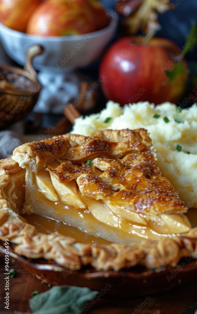 Close-up of a delicious homemade apple pie slice with a bowl of mashed potatoes, perfect for autumn desserts and holiday meals. Close-up of a delicious homemade apple pie slice with a bowl of mashed potatoes, perfect for autumn desserts and holiday meals.