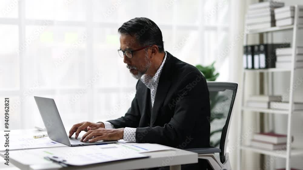 Stressed businessman working on laptop in office, surrounded by data charts and documents, feeling overwhelmed and tired. Stressed businessman working on laptop in office, surrounded by data charts and documents, feeling overwhelmed and tired.