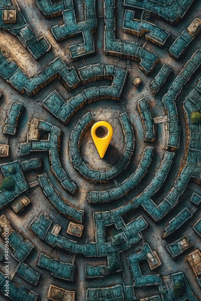 Maze Guidance, Aerial view of a maze with a yellow location pin, representing direction and navigation through a complex layout Maze Guidance, Aerial view of a maze with a yellow location pin, representing direction and navigation through a complex layout