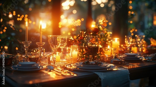 An enchanting outdoor dinner setting illuminated by warm candlelight, perfect for celebrations and intimate gatherings.