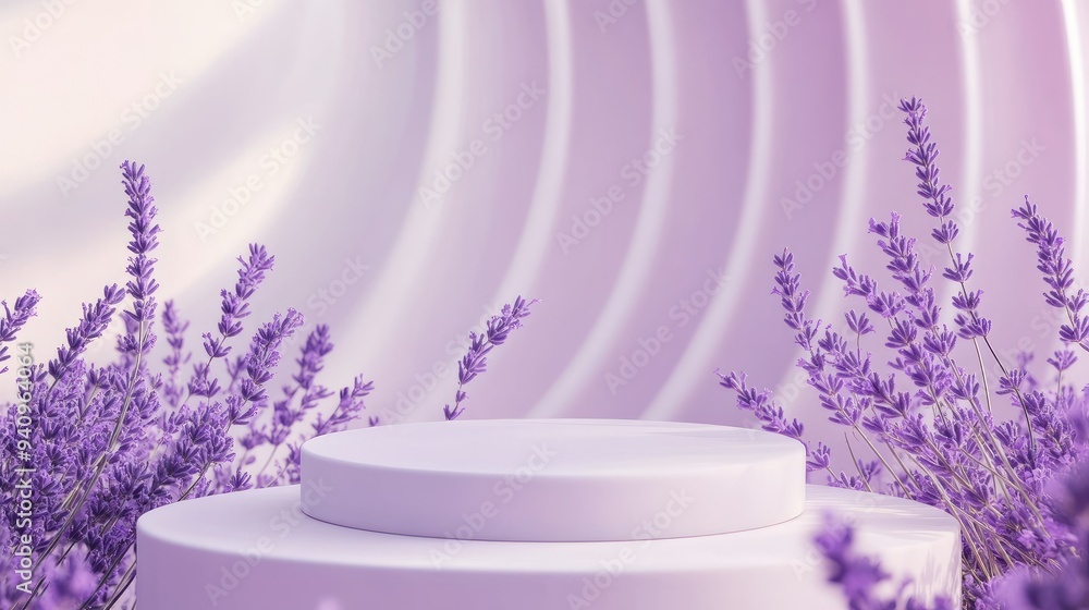 Lavender leaves gently swirling around a product podium, set against a soothing background, ideal for beauty or wellness products. Lavender leaves gently swirling around a product podium, set against a soothing background, ideal for beauty or wellness products.