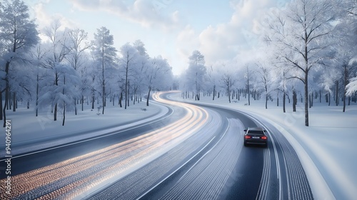 Car Driving on Snowy Winter Road Through Forest