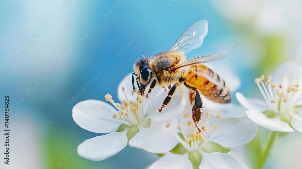 Honeybee Gathering Pollen on White Blossom Honeybee Gathering Pollen on White Blossom