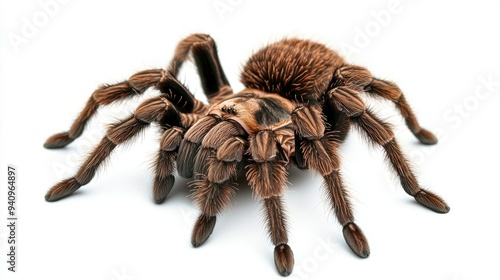 Massive Goliath Tarantula with its distinct hairy body, isolated on a stark white background, emphasizing its size and features.