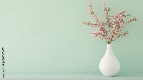 Wallpaper Mural Minimalist decor featuring pink flowers in a white vase, set against pastel green walls, creating a harmonious and peaceful setting. Torontodigital.ca