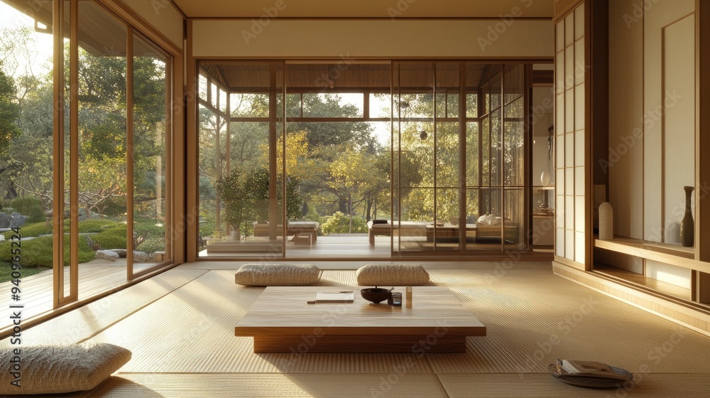 Fototapeta premium Minimalist living room in a traditional Japanese home, with natural materials and simple, elegant design elements.