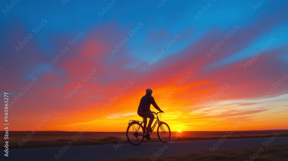 A cyclist pedals down the road, surrounded by beautiful colors of the sunset illuminating the sky A cyclist pedals down the road, surrounded by beautiful colors of the sunset illuminating the sky