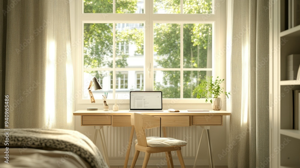 Fototapeta premium Minimalist study table by a bedroom window, offering a serene and functional workspace for a child in a well-lit room.