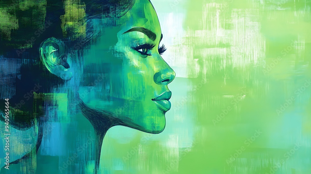 A side profile portrait of a woman with green and blue hues, painted in a stylized fashion. A side profile portrait of a woman with green and blue hues, painted in a stylized fashion.