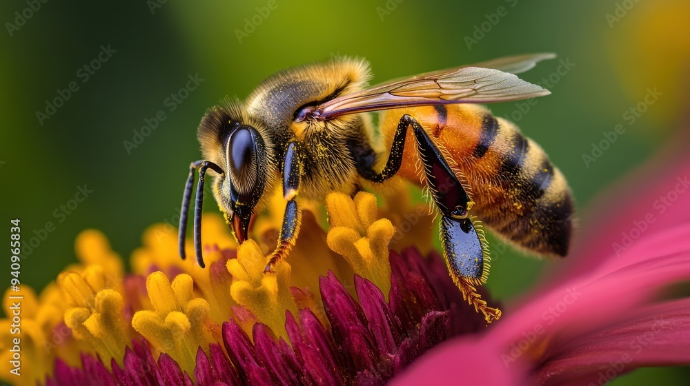 Fototapeta premium Honey Bee Collecting Pollen on a Flower