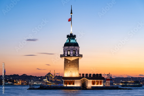 New Maiden's Tower (Kiz Kulesi) in the Sunset Time Drone Photo, Uskudar Istanbul, Turkiye (Turkey) photo