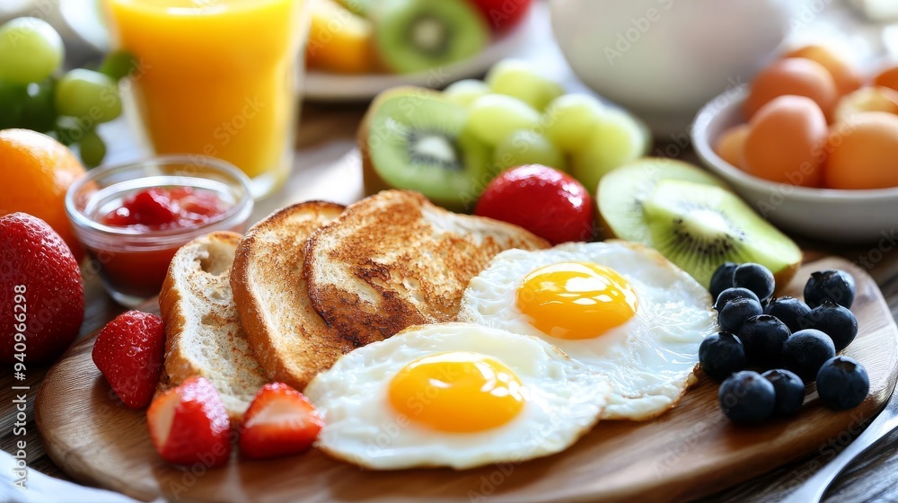 Breakfast spread with eggs, toast, and fruit, Monday morning, healthy and delicious Breakfast spread with eggs, toast, and fruit, Monday morning, healthy and delicious