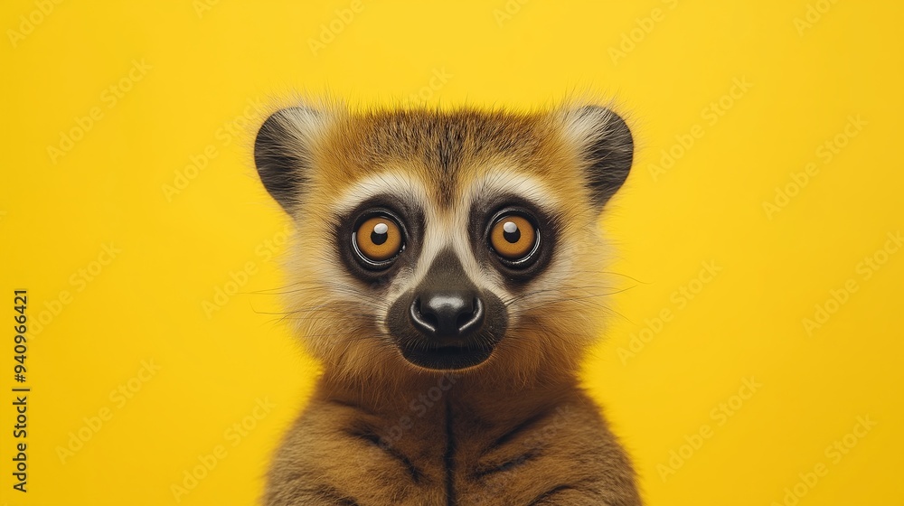 Wide-eyed animated lemur with a curious expression on a bright yellow background
Wide-eyed animated lemur with a curious expression on a bright yellow background
