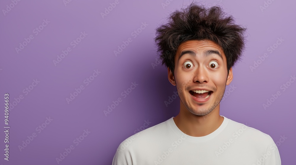 A mid-30s Asian man with spiky dark crimson hair, wearing a white t-shirt, expresses curiosity against a light purple background A mid-30s Asian man with spiky dark crimson hair, wearing a white t-shirt, expresses curiosity against a light purple background