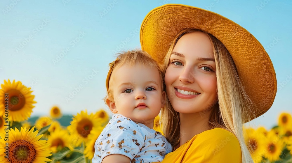 Mother and child at a sunflower field, Mother's Day, bright and joyful Mother and child at a sunflower field, Mother's Day, bright and joyful