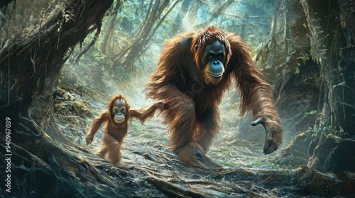 Orangutan mother and child traversing the forest floor, symbolizing the transfer of wisdom and the nurturing spirit. photo