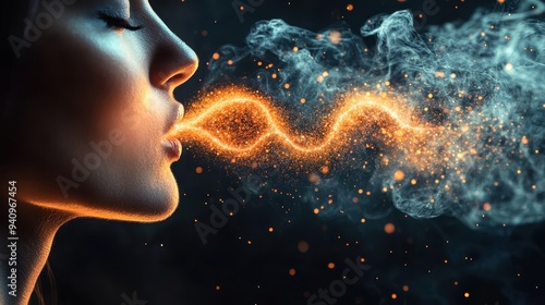 A mystical portrait of a woman exhaling a stream of glowing energy, blending light and smoke in a dark background.
