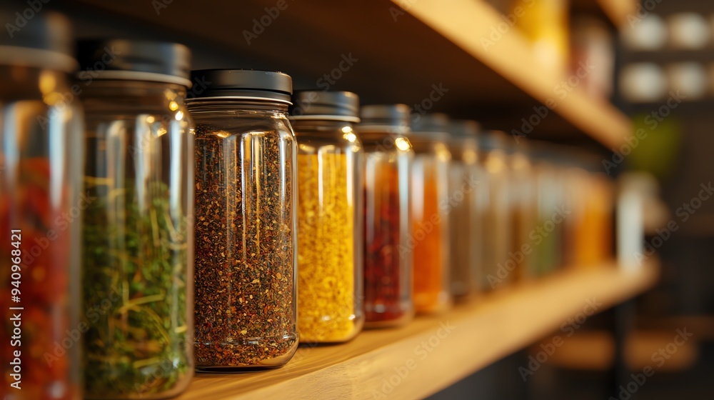 Colorful jars filled with various spices line a wooden shelf, showcasing the vibrant textures and hues of culinary ingredients. Colorful jars filled with various spices line a wooden shelf, showcasing the vibrant textures and hues of culinary ingredients.