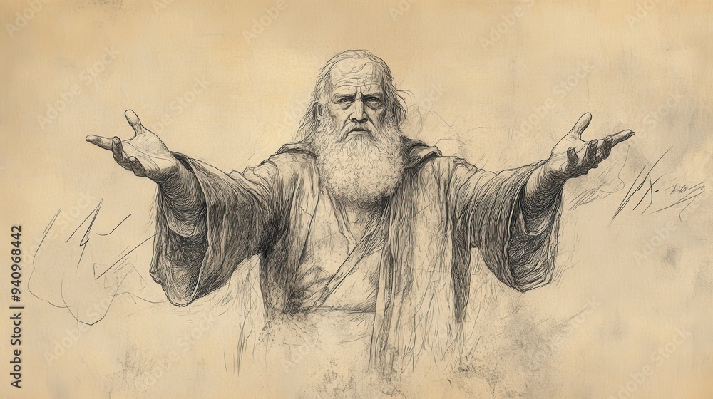 Fototapeta premium Bildad’s Contrast - Biblical Illustration of Bildad Highlighting the Difference Between the Righteous and the Wicked, Beige Background