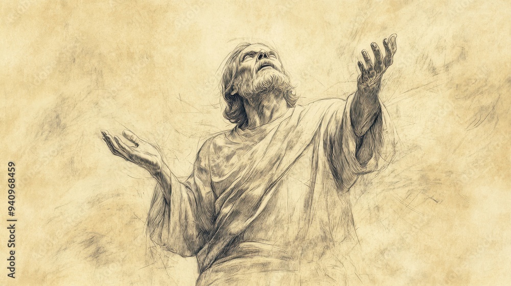 Fototapeta premium Job and Divine Power - Biblical Illustration of The Lord Questioning Job About Glory and Splendor, Beige Background