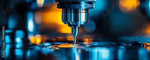 Close-up of a precision machine tool in action, showcasing intricate details and shining metal components, perfect for tech visuals.