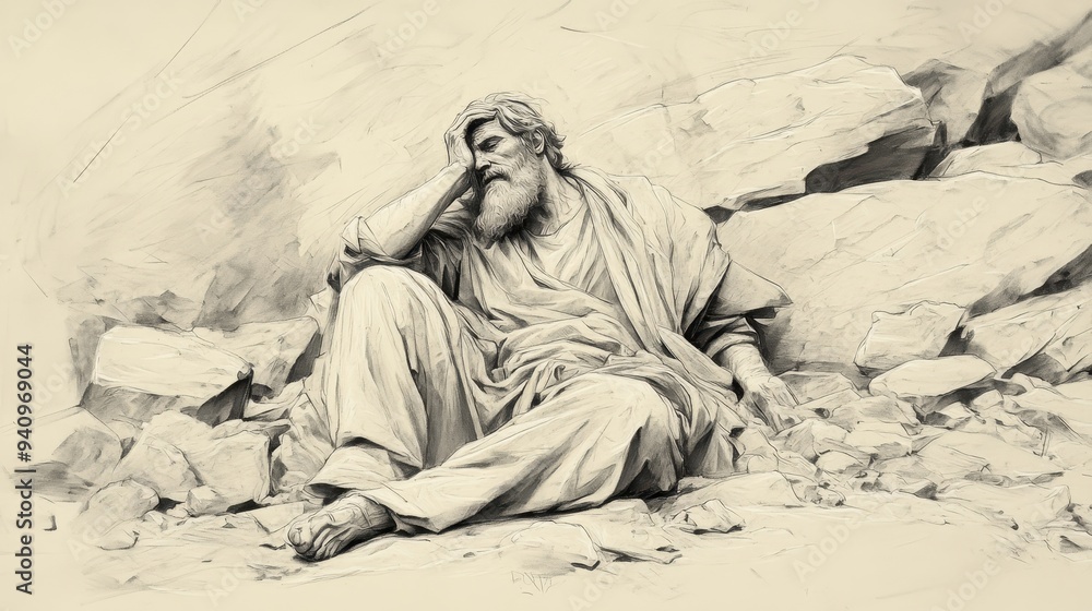 Fototapeta premium Job’s Heartfelt Lament in the Bible - Illustration of Job Surrounded by the Ruins of His Life, Mourning His Losses, Beige Background