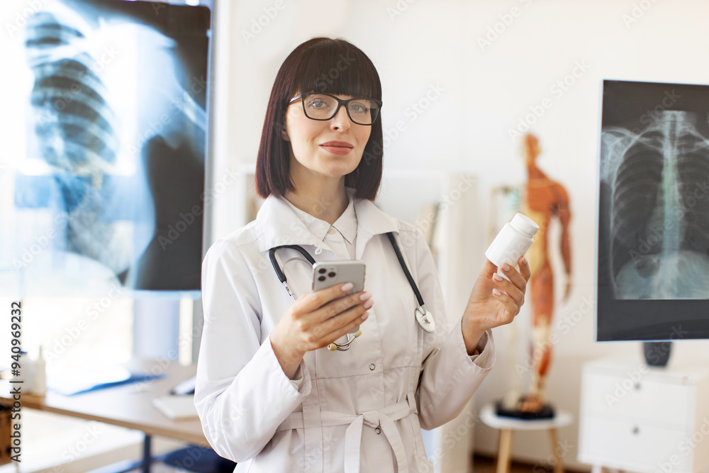 Female doctor examining x-rays of patient on glass board and using smartphone to write electronic prescription. Professional medical setting with focus on modern technology healthcare and diagnostics. Female doctor examining x-rays of patient on glass board and using smartphone to write electronic prescription. Professional medical setting with focus on modern technology healthcare and diagnostics.