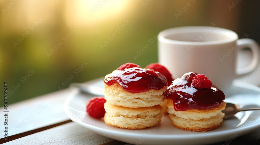 Delicious scones topped with raspberry jam and fresh raspberries, paired with a cup of coffee. Perfect for breakfast or tea time. Delicious scones topped with raspberry jam and fresh raspberries, paired with a cup of coffee. Perfect for breakfast or tea time.
