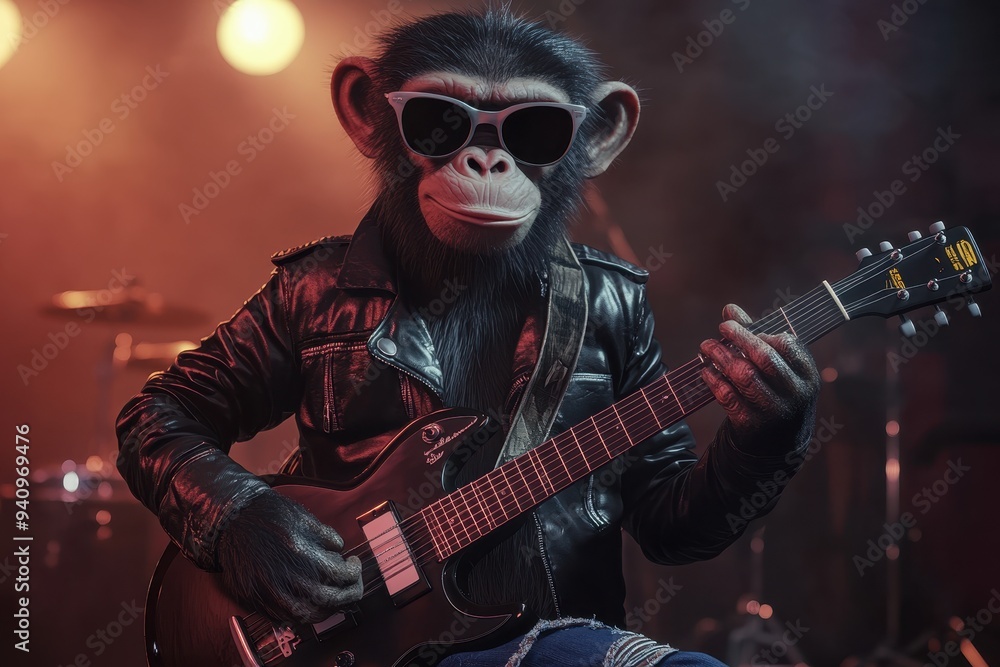 Rockstar Monkey: A monkey in a leather jacket, ripped jeans, and sunglasses, holding an electric guitar on a stage Rockstar Monkey: A monkey in a leather jacket, ripped jeans, and sunglasses, holding an electric guitar on a stage