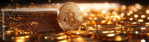 Close-up of cryptocurrency coins with Bitcoin in focus, shining in a rich collection of golden coins representing digital wealth.