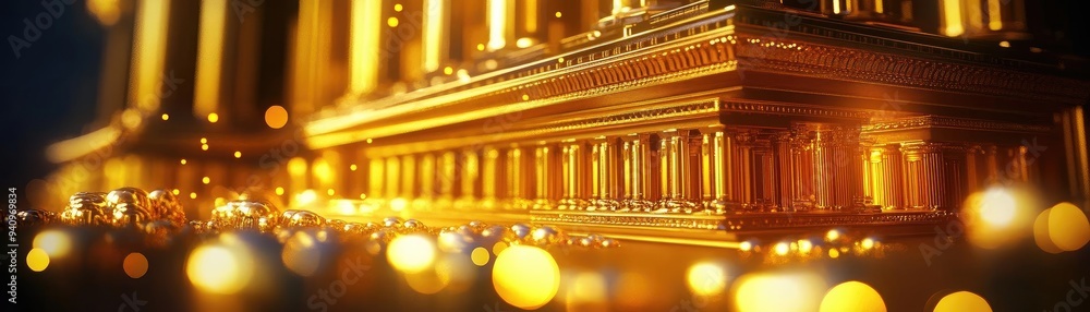 A stunning close-up of illuminated golden architecture, featuring rich textures and bokeh lights for an enchanting ambiance. A stunning close-up of illuminated golden architecture, featuring rich textures and bokeh lights for an enchanting ambiance.