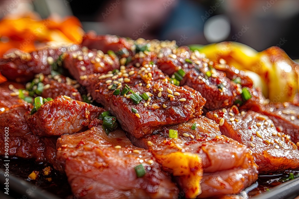 meat, dish, close-up, meal, bulgogi, food, dinner, food ingredients, korean food, ingredients, vegetables, pork, plate, lunch, korean culture, groceries, red pepper paste bulgogi. Generative Ai meat, dish, close-up, meal, bulgogi, food, dinner, food ingredients, korean food, ingredients, vegetables, pork, plate, lunch, korean culture, groceries, red pepper paste bulgogi. Generative Ai